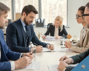 professional meeting with four individuals seated around a table.
